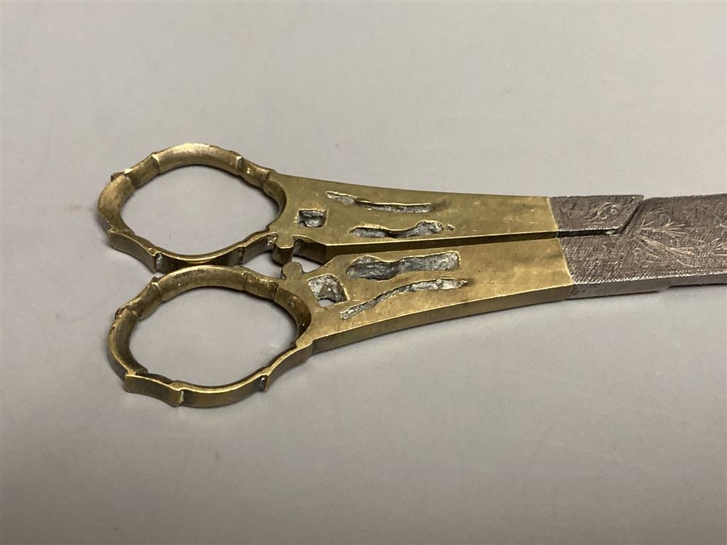 A pair of 18th/19th century Ottoman brass and steel calligraphers scissors with engraved decoration and three other pairs of scissors